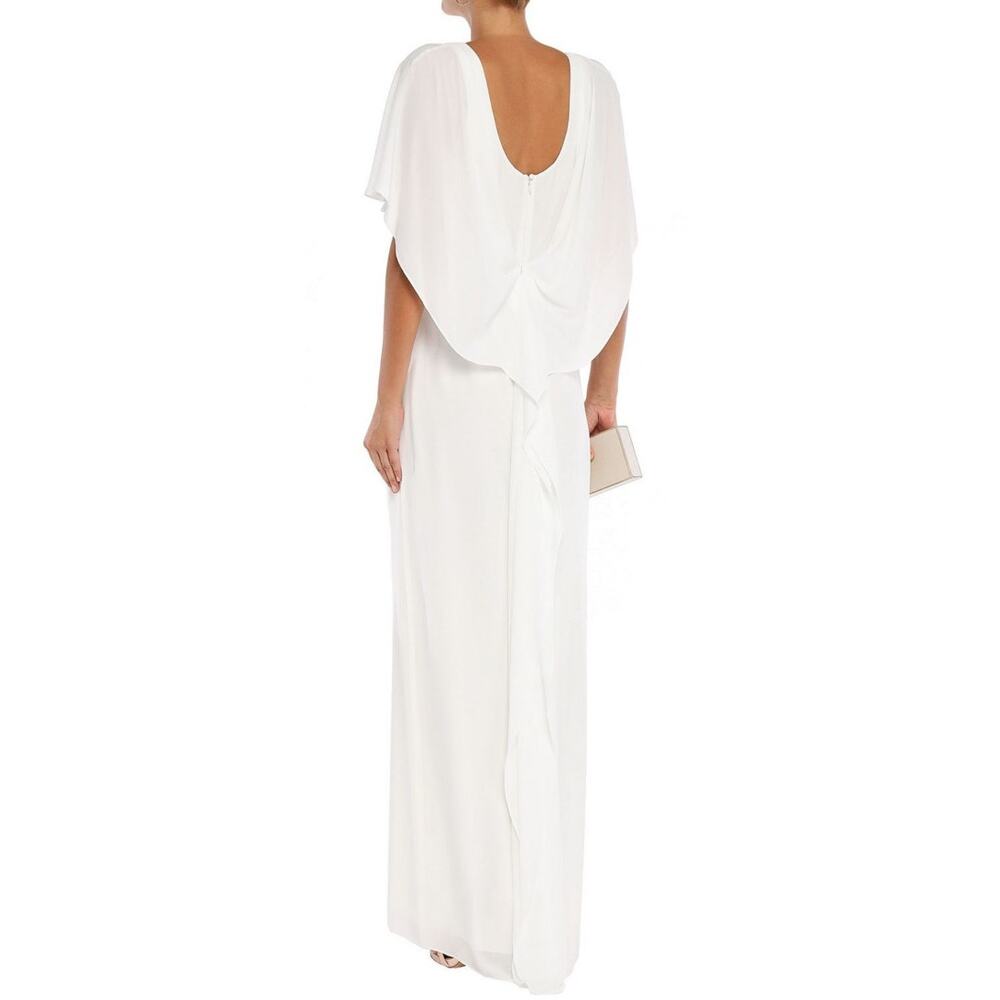 HALSTON HERITAGE Cape Effect Draped Crepe Gown Maxi Dress White US 4 NWT - Picture 2 of 15